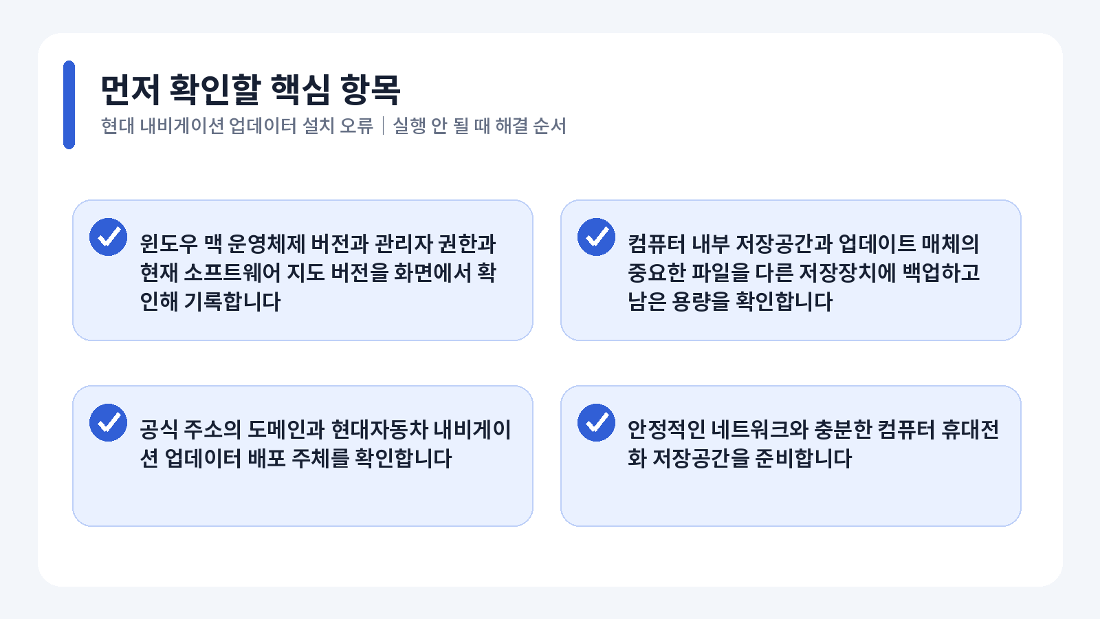 현대 Navigation Updater 설치 오류 핵심 확인 항목