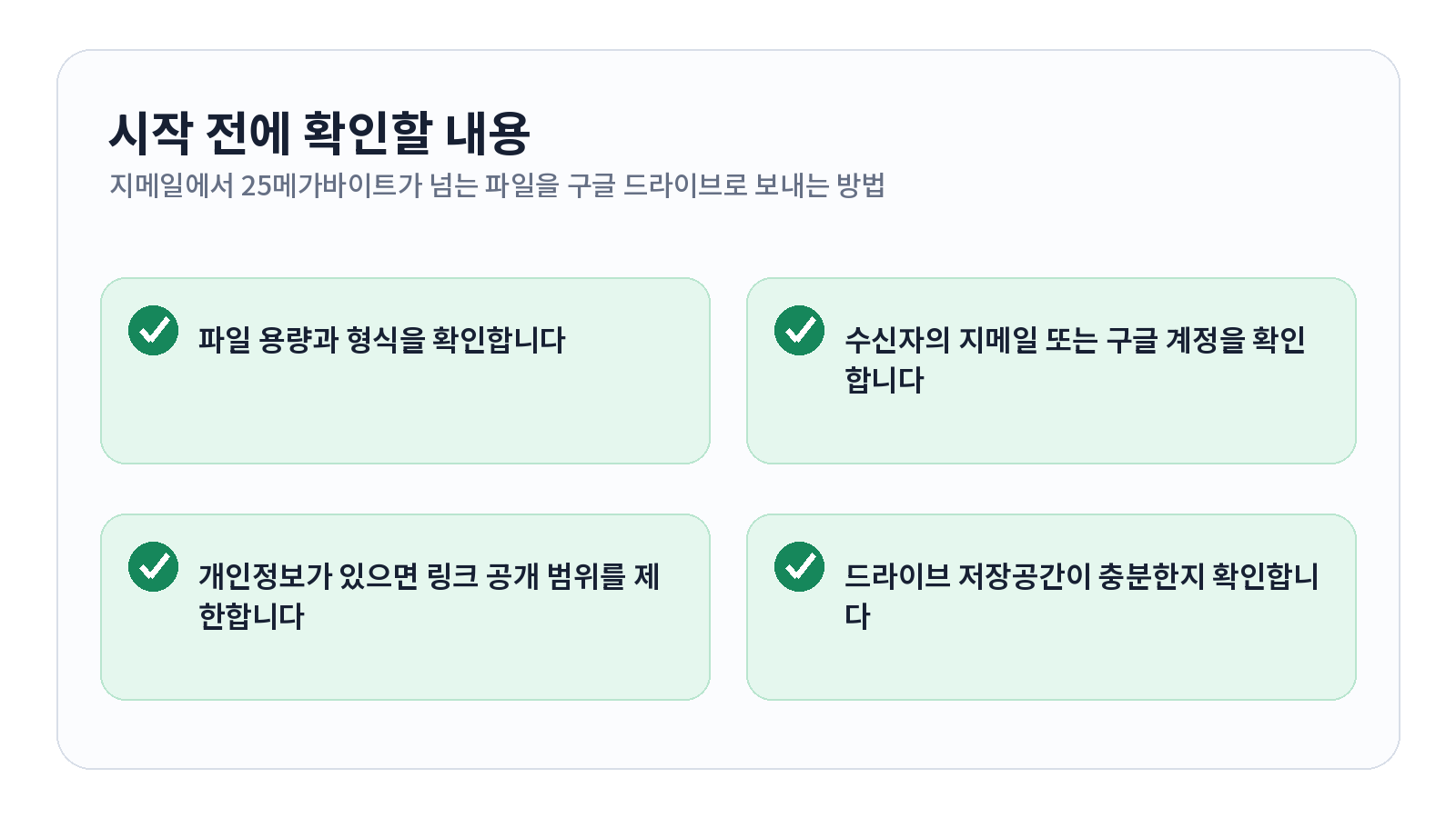 Gmail에서 25MB가 넘는 파일을 Google Drive로 보내는 방법 1 Gmail에서 25MB가 넘는 파일을 Google Drive로 보내는 방법 시작 전 확인 항목