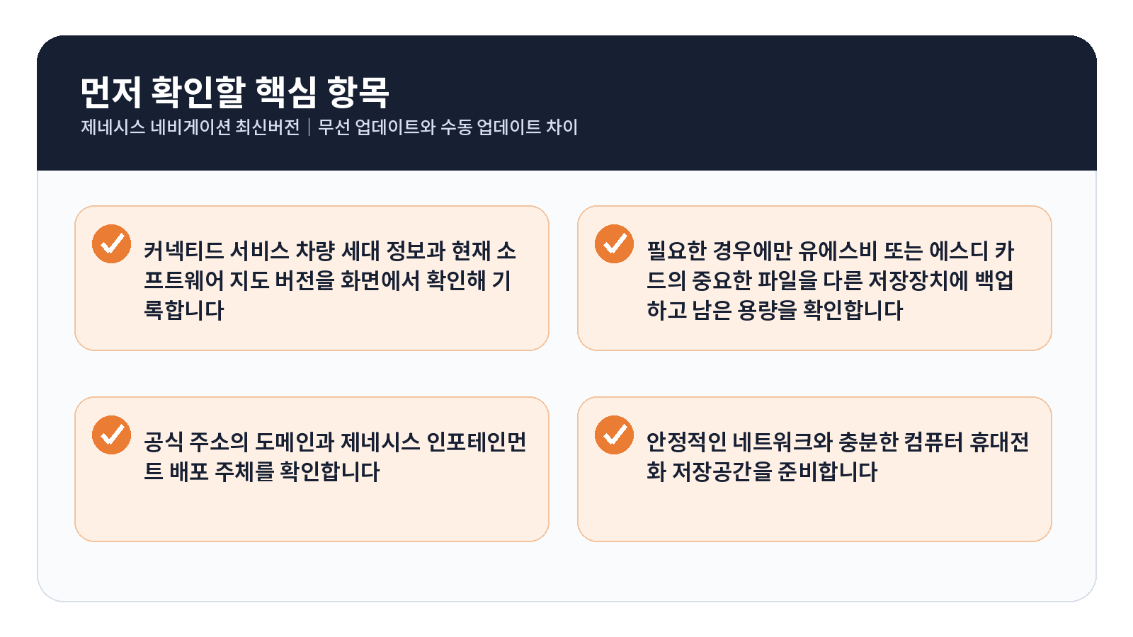 제네시스 네비게이션 최신버전|OTA와 수동 업데이트 차이 4 제네시스 네비게이션 최신버전 완료 후 점검표