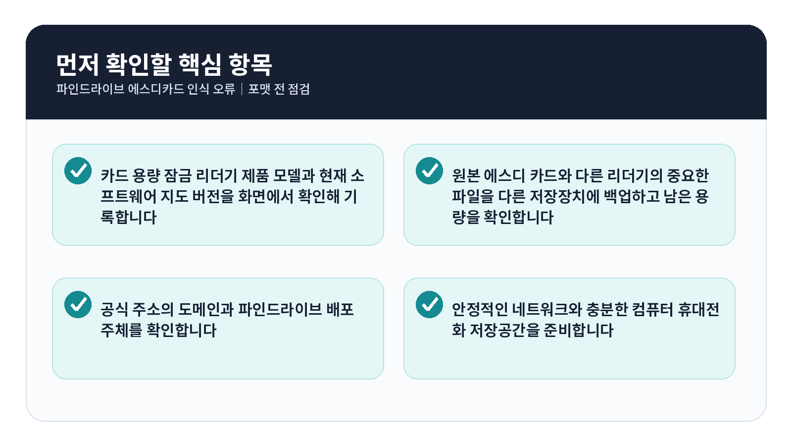 파인드라이브 SD카드 인식 오류 완료 후 점검표