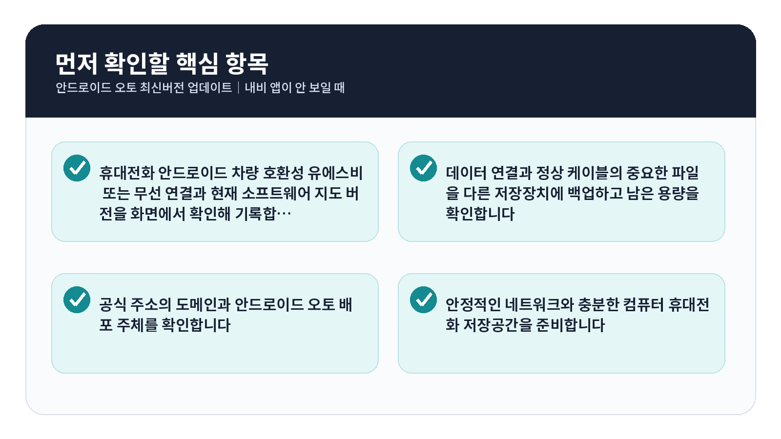 Android Auto 최신버전 업데이트 완료 후 점검표