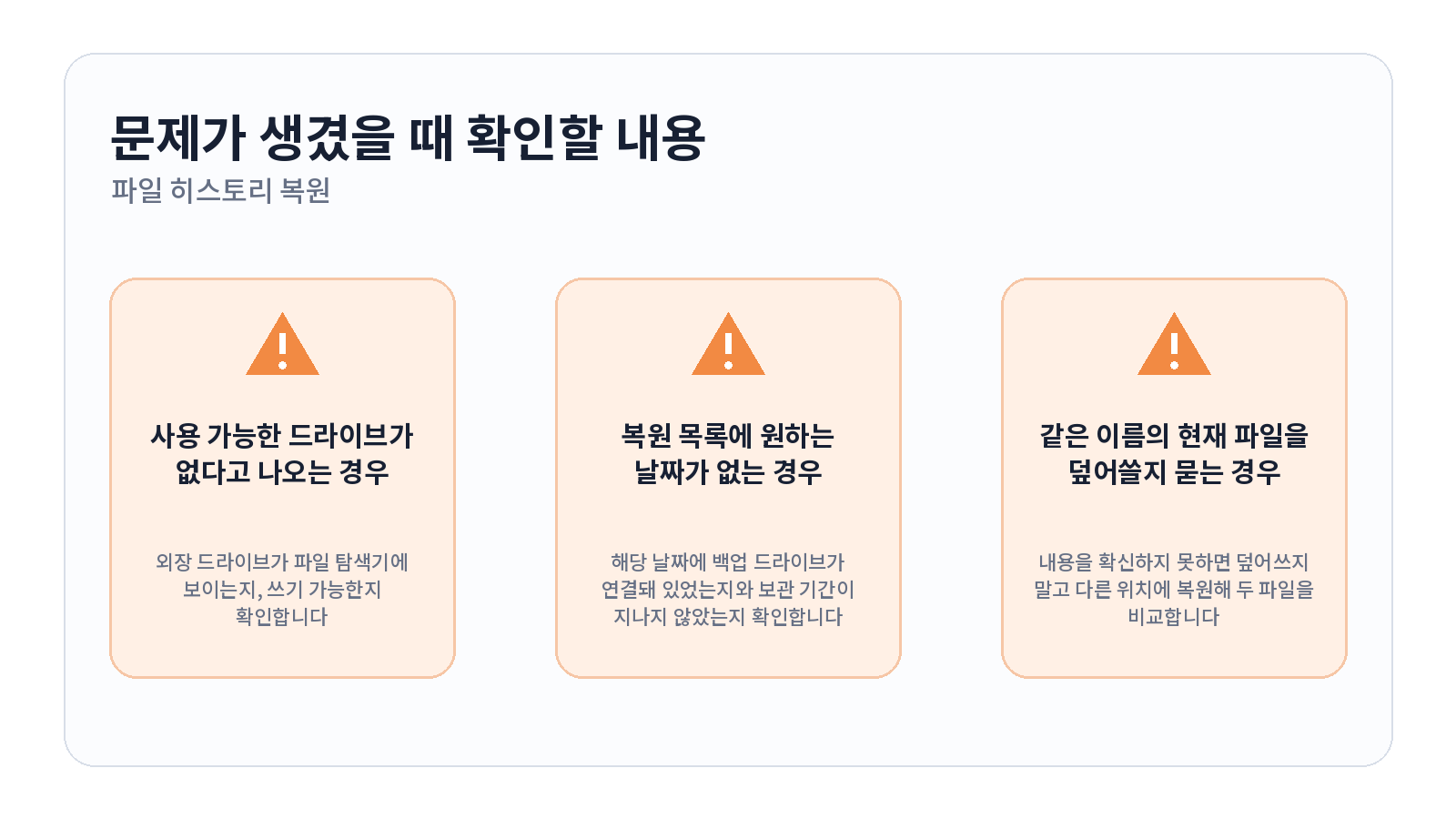 윈도우 파일 히스토리로 삭제한 문서 이전 버전 복원하기 문제 해결 항목