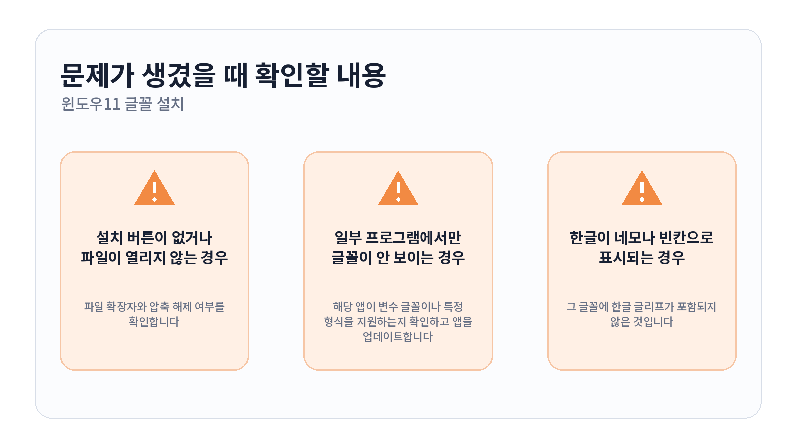 윈도우11 글꼴 설치하고 프로그램에 안 보일 때 해결하는 방법 문제 해결 항목